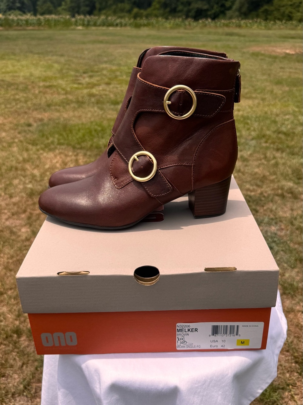 Ladies Ono Brown Leather Ankle Boots with Gold Buckles